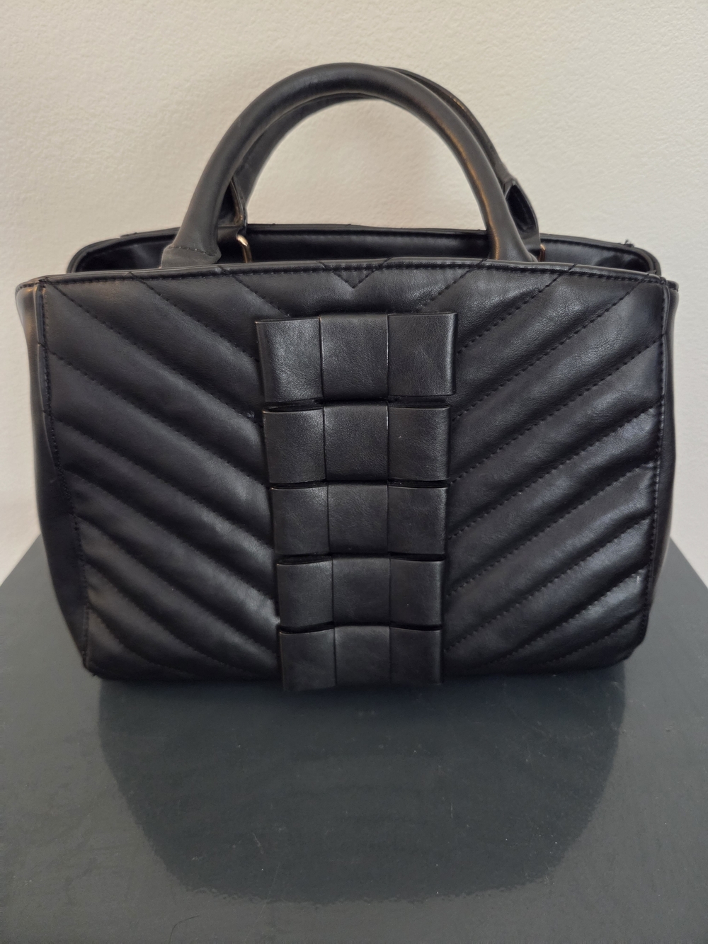 Betsey Johnson Black Quilted Chevon Satchel Handbag with Bows
